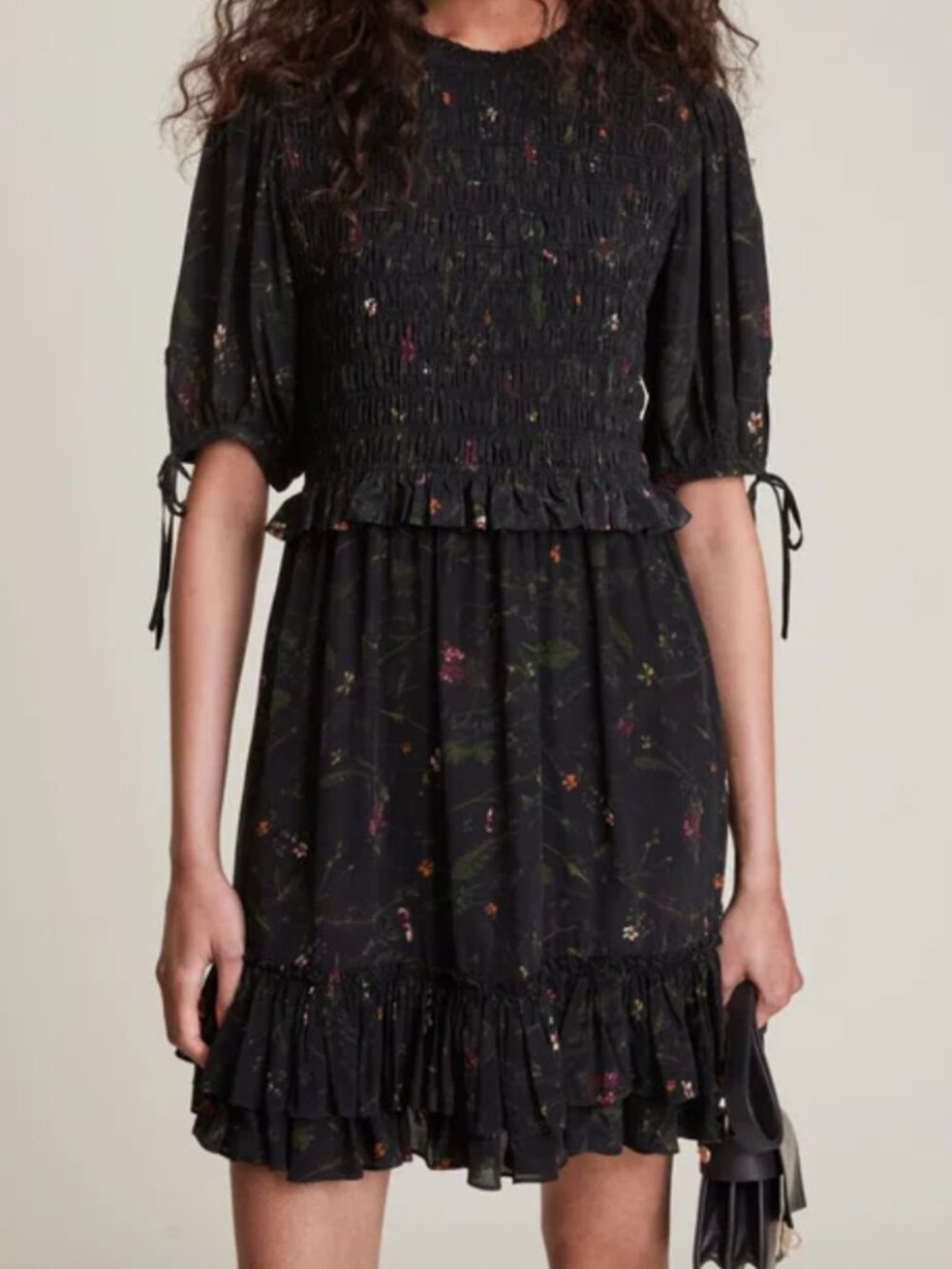 All Saints Black Floral Jaya Heligan Prairie Smock Mini Short Puff Sleeve Dress